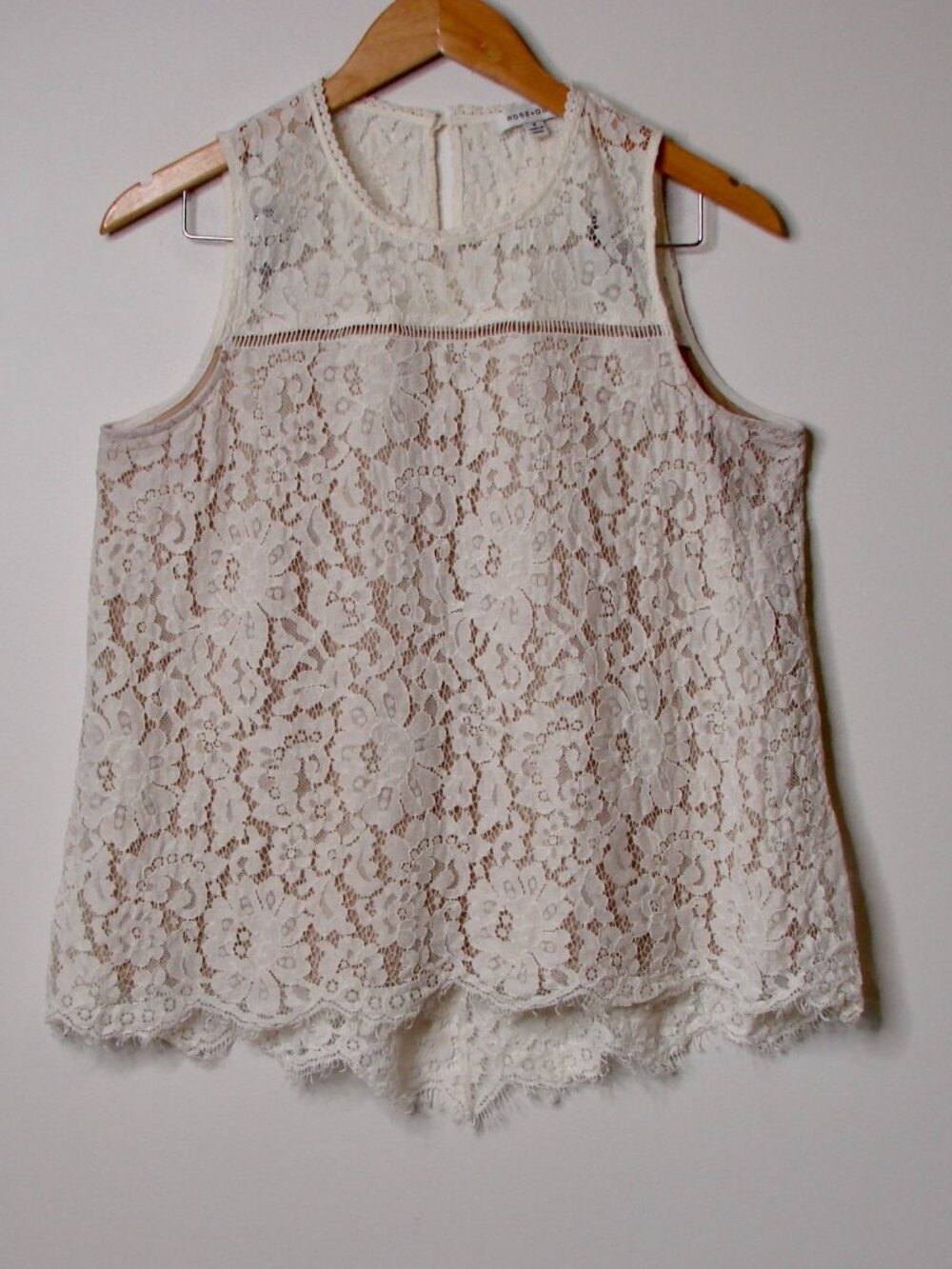 Rose + Olive Cream Ivory Lace Top Sleeveless Tank Dressy Crochet Fringe Small
